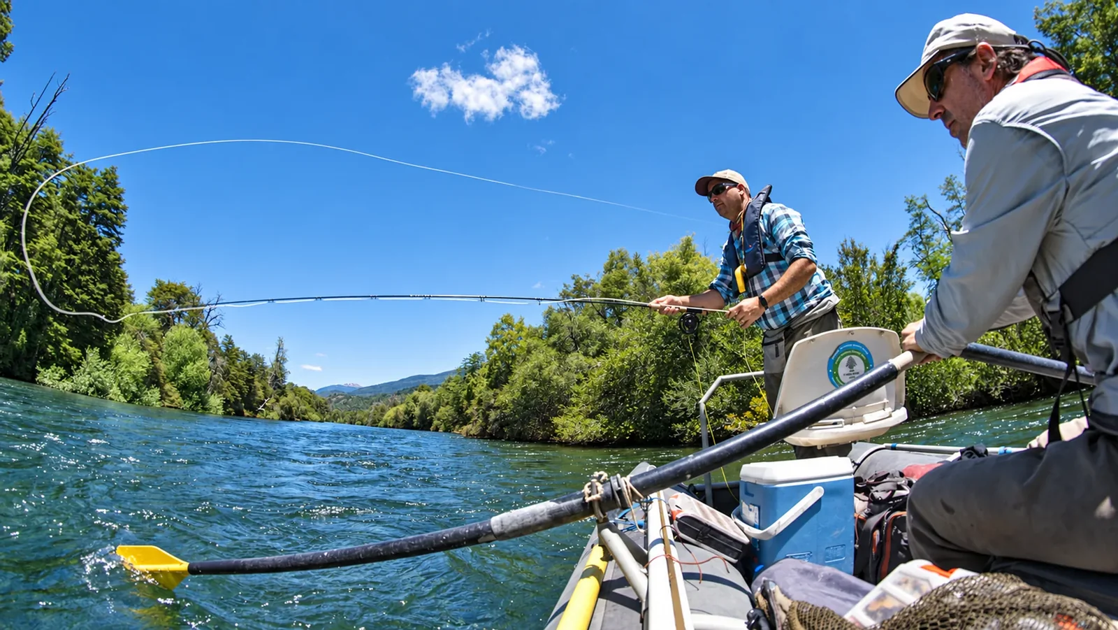 Pescador lanzando una mosca mientras el guía rema un bote en el río Manso, cerca de Bariloche, Patagonia