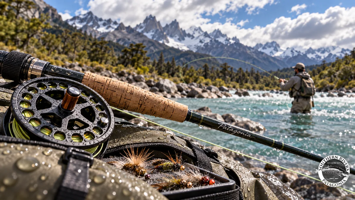 AI-generated illustration of fly fishing tackle beside a mountain river
