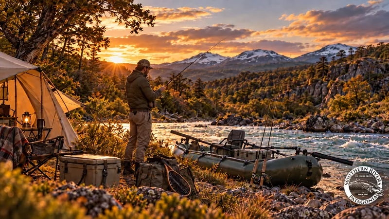 Ilustración generada con IA de un campamento de pesca junto al río al atardecer