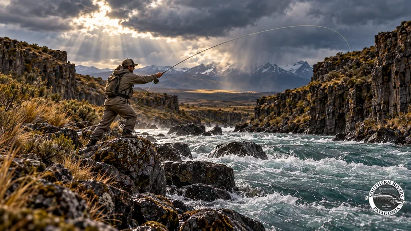 AI-generated illustration of an angler casting a fly line beside a rocky river