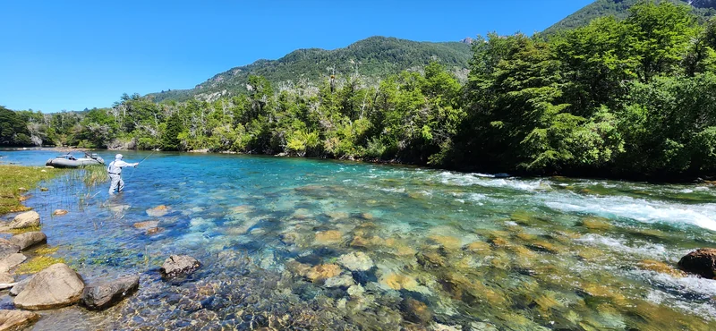 Un pescador vadea las aguas transparentes del río Manso cerca de Bariloche, rodeado de bosque nativo, durante una salida de pesca con mosca