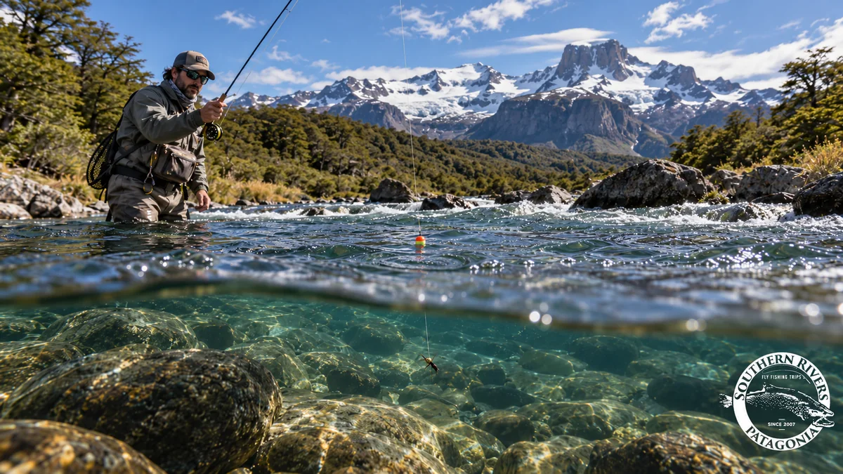Angler with a strike indicator and a nymph below the surface of a mountain river