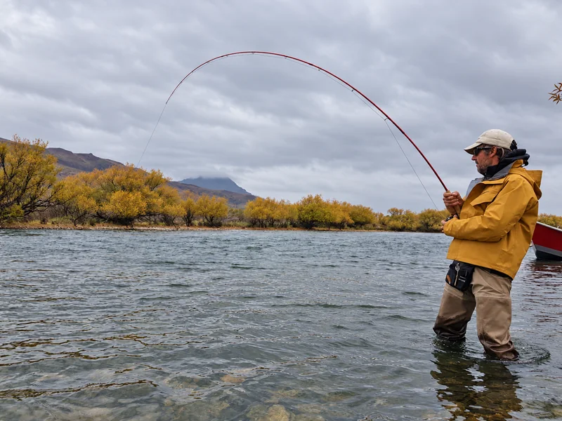 Pescador con campera amarilla lanzando una caña de mosca en un río bajo un cielo nublado
