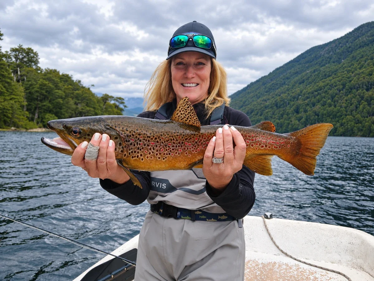 Una pescadora sostiene una trucha marrón desde un bote durante una salida de pesca con mosca en el lago Roca, cerca de Bariloche, Patagonia