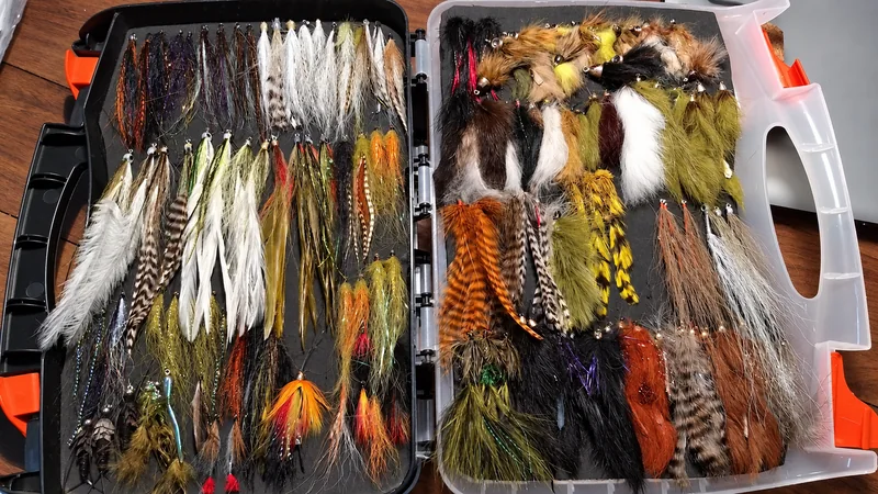 Caja con streamers y otras moscas para pescar truchas