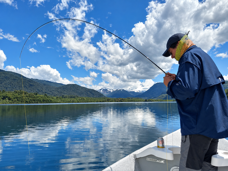 Angler fishing from a boat on Lake Hess near Bariloche with a bent fly rod.