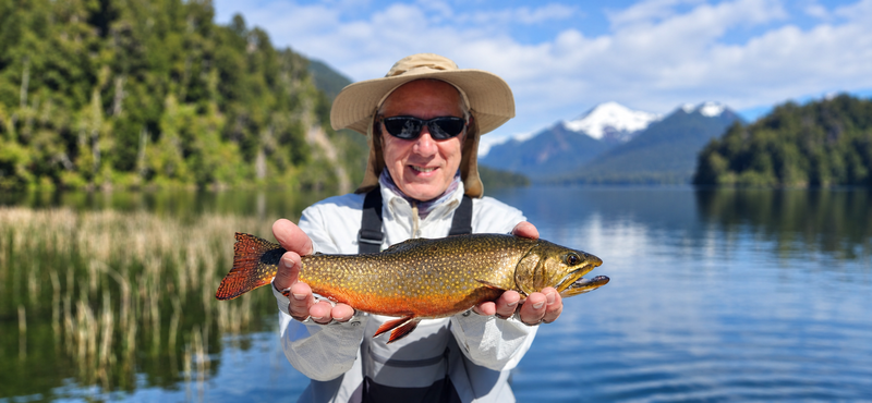 Angler holding a brook trout on Lake Hess, Patagonia, with reed beds and Cerro Tronador in the background.