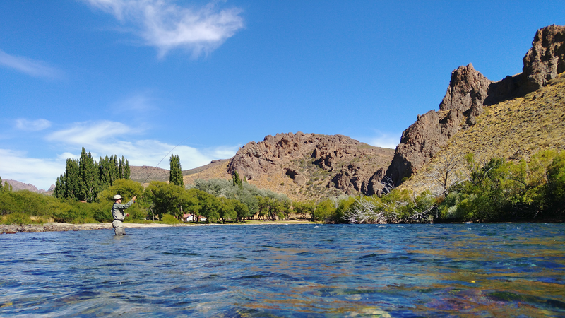 Angler wading and fly fishing in the clear waters of the Limay River beneath Patagonia’s rocky cliffs