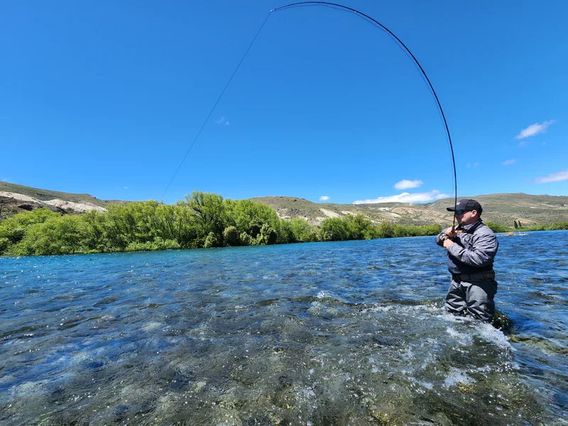 Angler wading the Limay River with a bent fly rod in Patagonia
