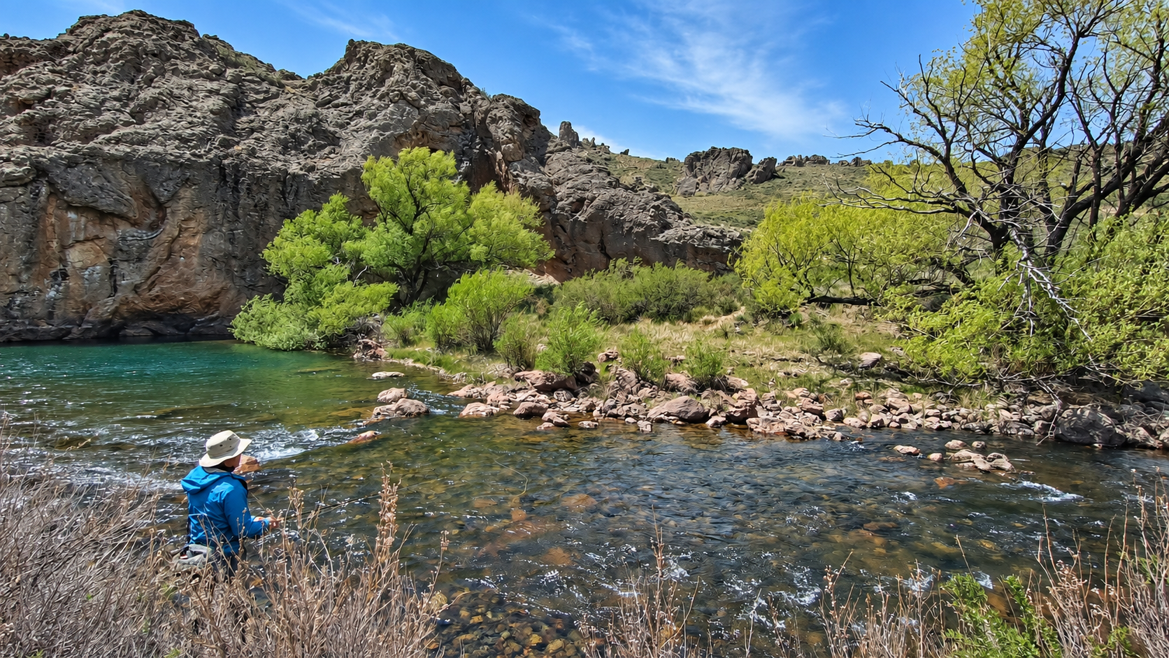 Angler beside a pool and cliffs on the Pichi Leufú River during a guided fly fishing trip near Bariloche, Patagonia