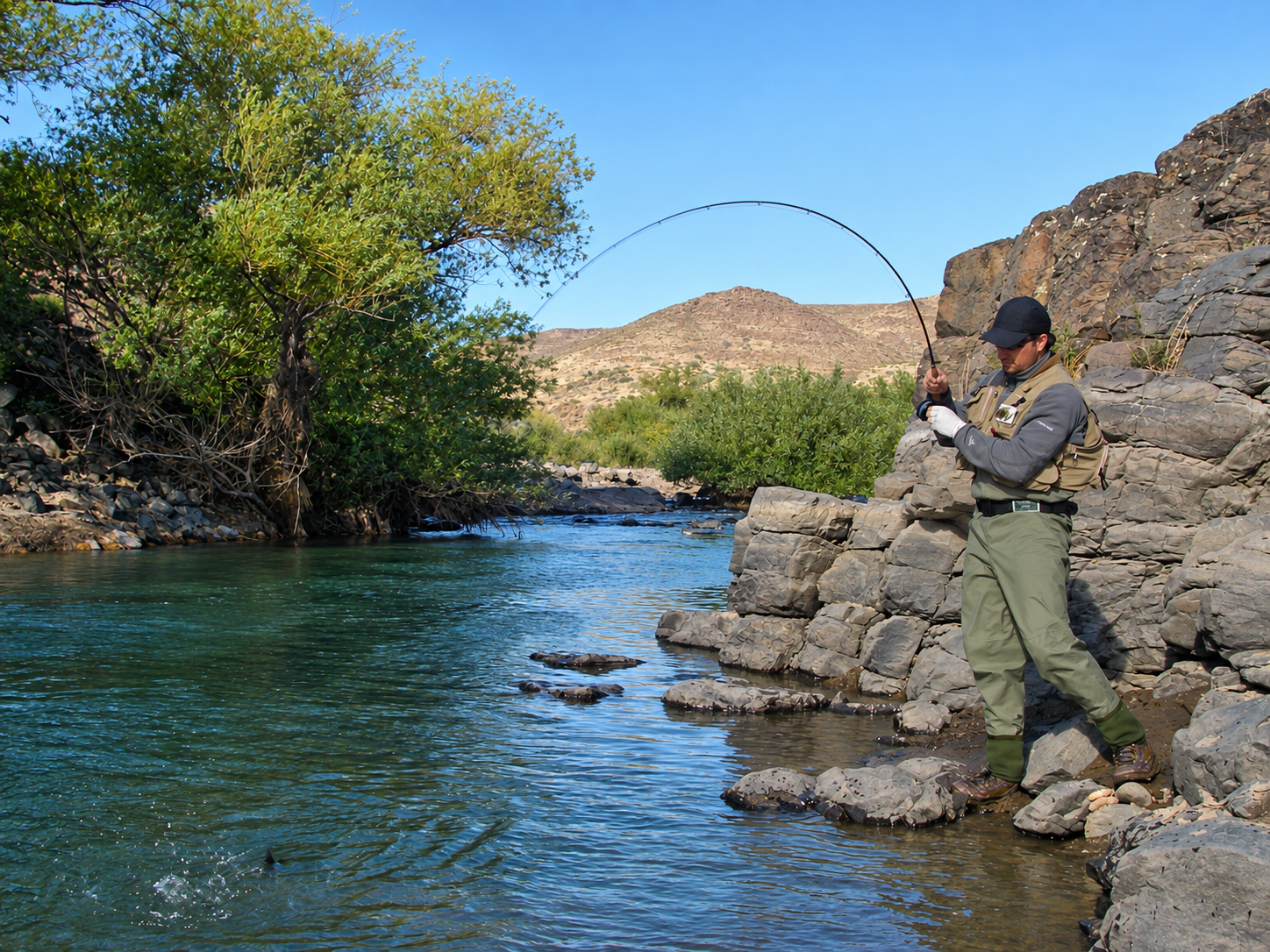 Angler with a bent fly rod beside a pool on the Pichi Leufú River during a guided fishing trip near Bariloche, Patagonia