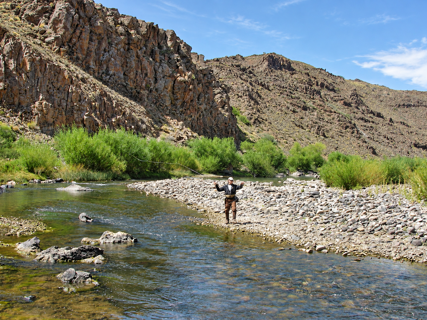 Angler casting a fly beside cliffs on the Pichi Leufú River during a guided fly fishing trip near Bariloche, Patagonia