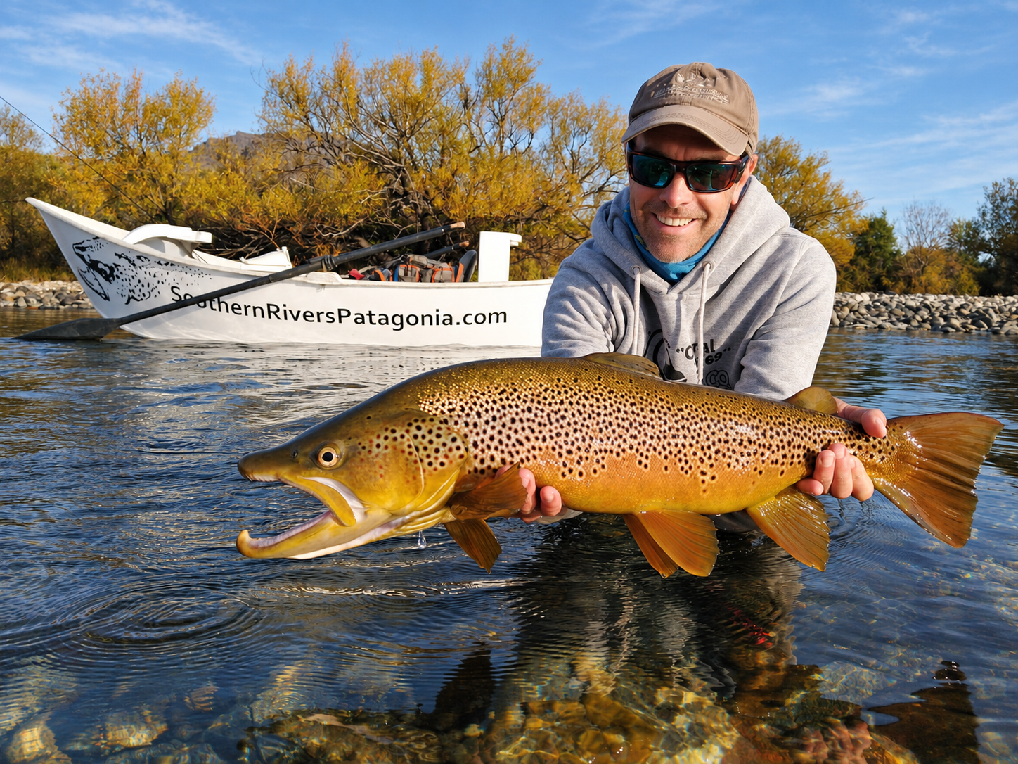 Guía de Southern Rivers sosteniendo una gran trucha marrón durante una salida de pesca con mosca en el río Limay, cerca de Bariloche