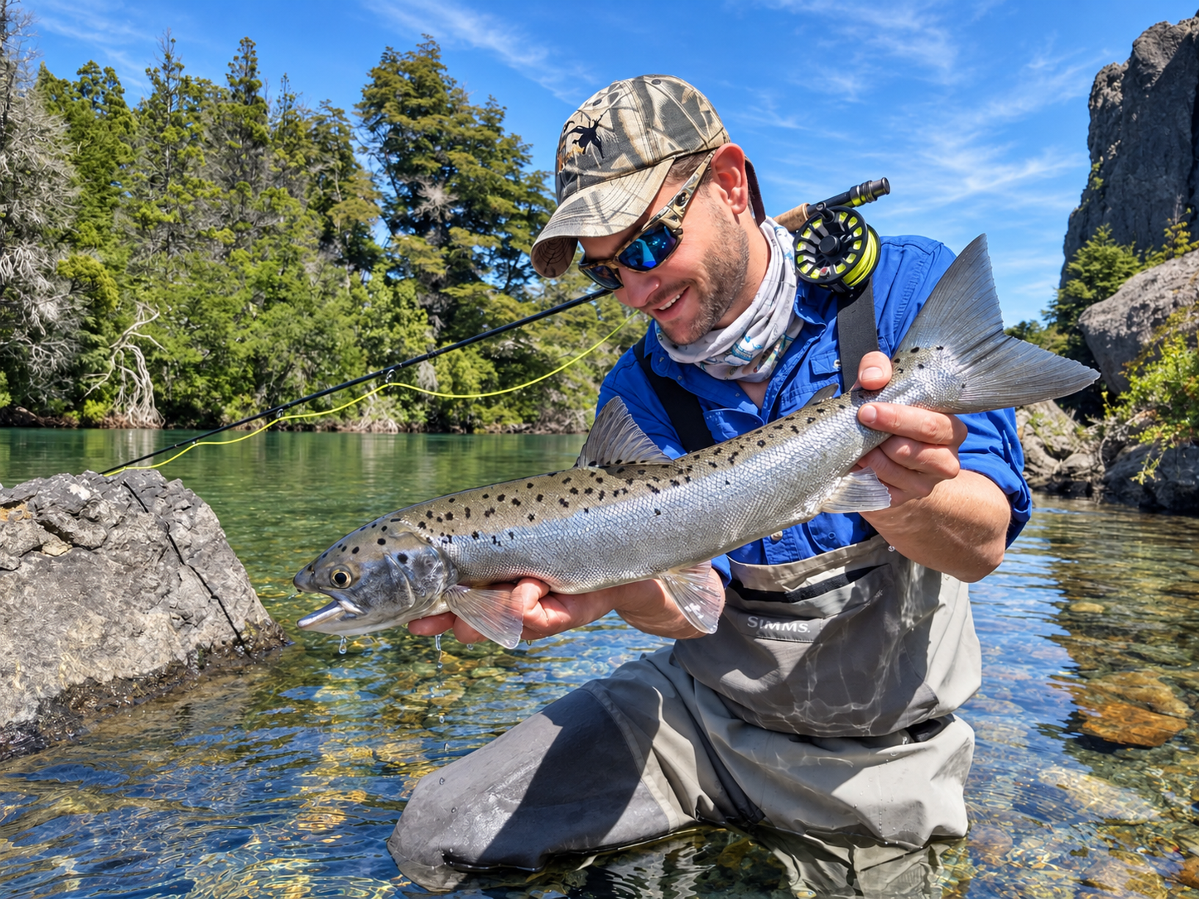 Fly fishing guide holding a landlocked salmon on the Traful River near Bariloche