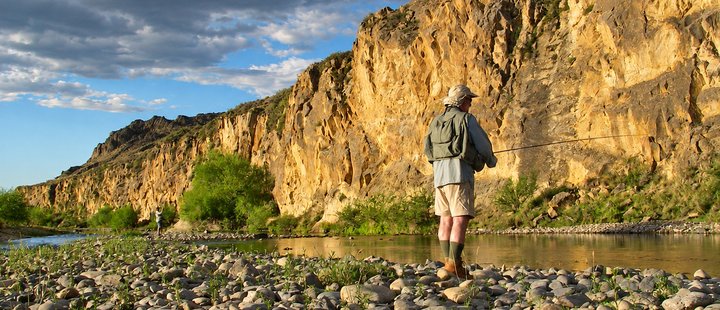 Angler with a fly rod beside cliffs on the Pichi Leufú River near Bariloche during a guided trip in Patagonia